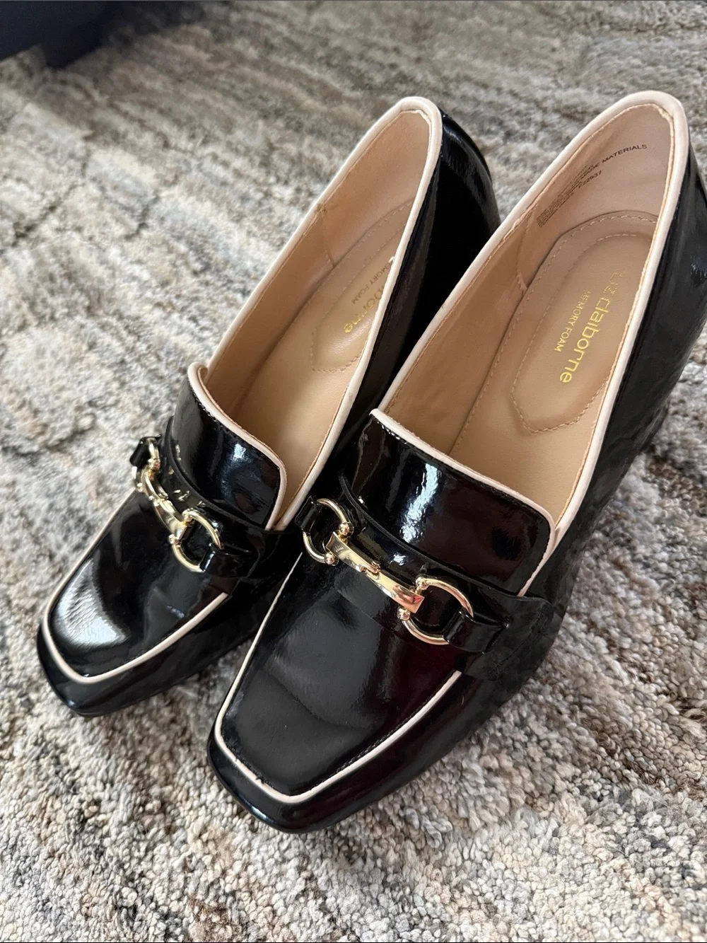 Liz Claiborne Patent Black Block Heel Loafers with Gold Bit Detail